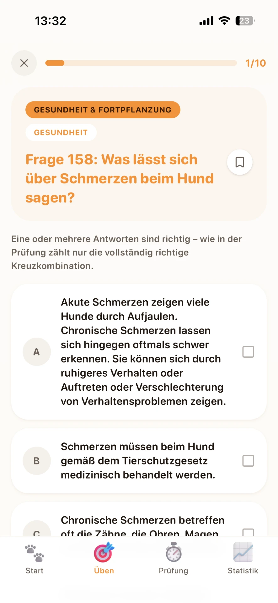 Prüfungsfrage 158 mit mehreren Antwortmöglichkeiten zum Thema Schmerzen beim Hund