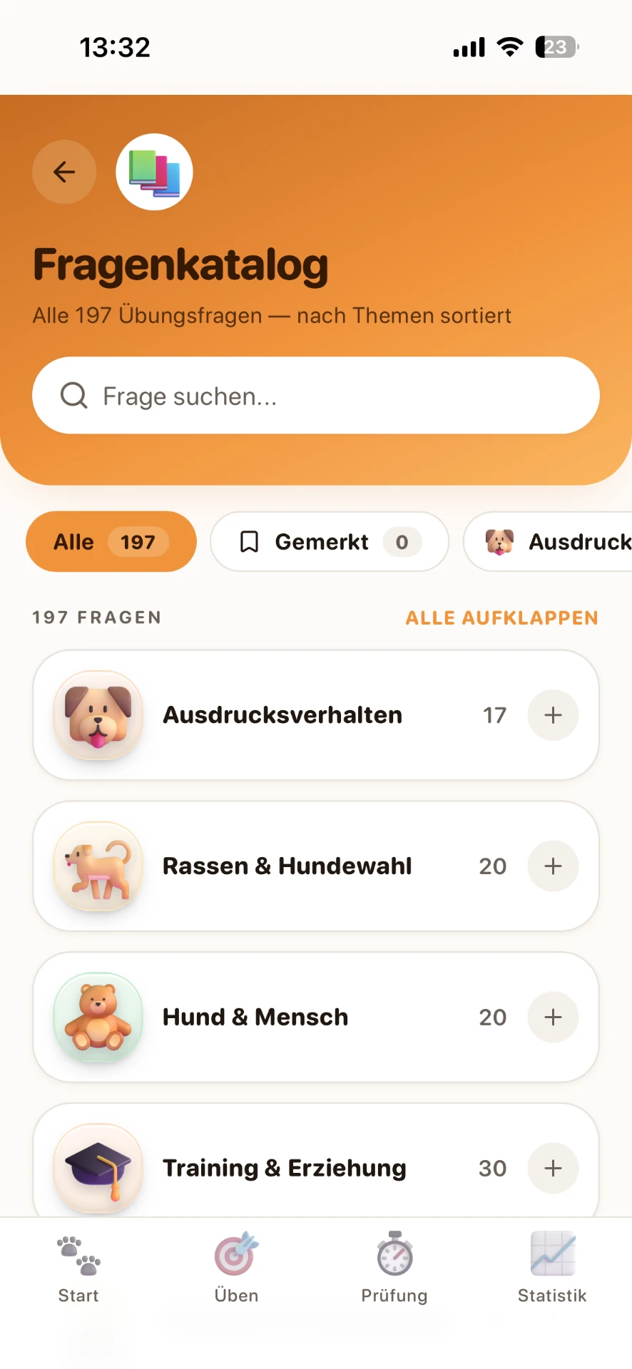 Fragenkatalog mit allen 197 Übungsfragen nach Themengebieten sortiert