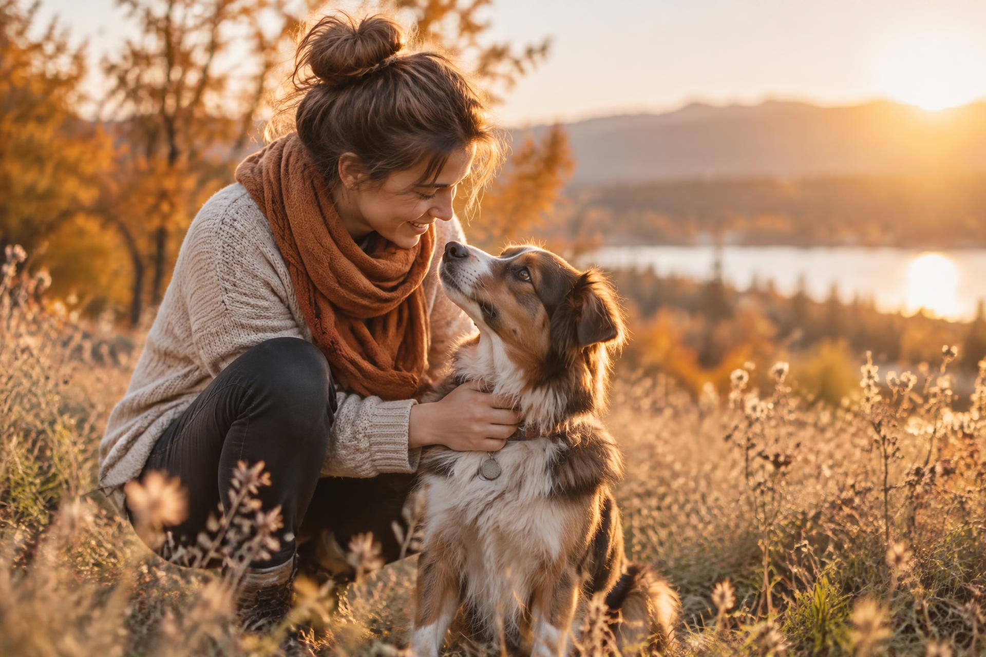 Frau mit Hund auf einer Wiese im warmen Abendlicht